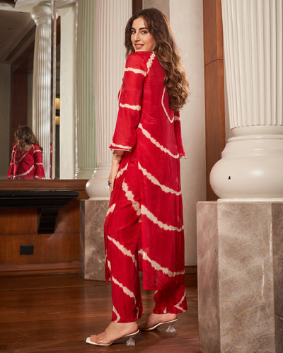 Anavila Red Leheriya Silk Kurta Set