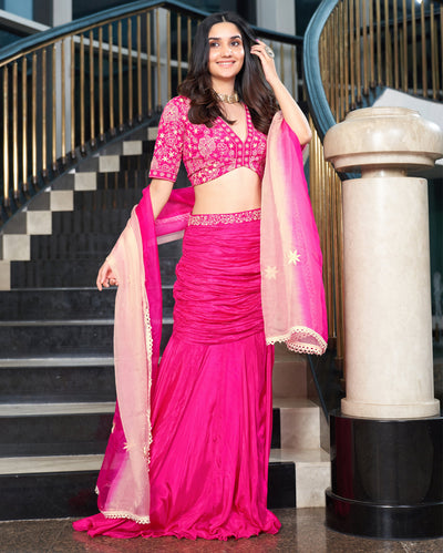 Razzle Pink Embroidered Tabby Silk Lehenga Set