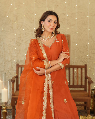 Roshni Orange Embroidered Chanderi Suit Set