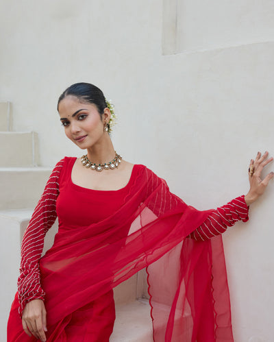 Victoria Charm Red Georgette Embroidered Blouse