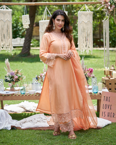 Viyan Pastel Orange Solid Chanderi Kurta Set