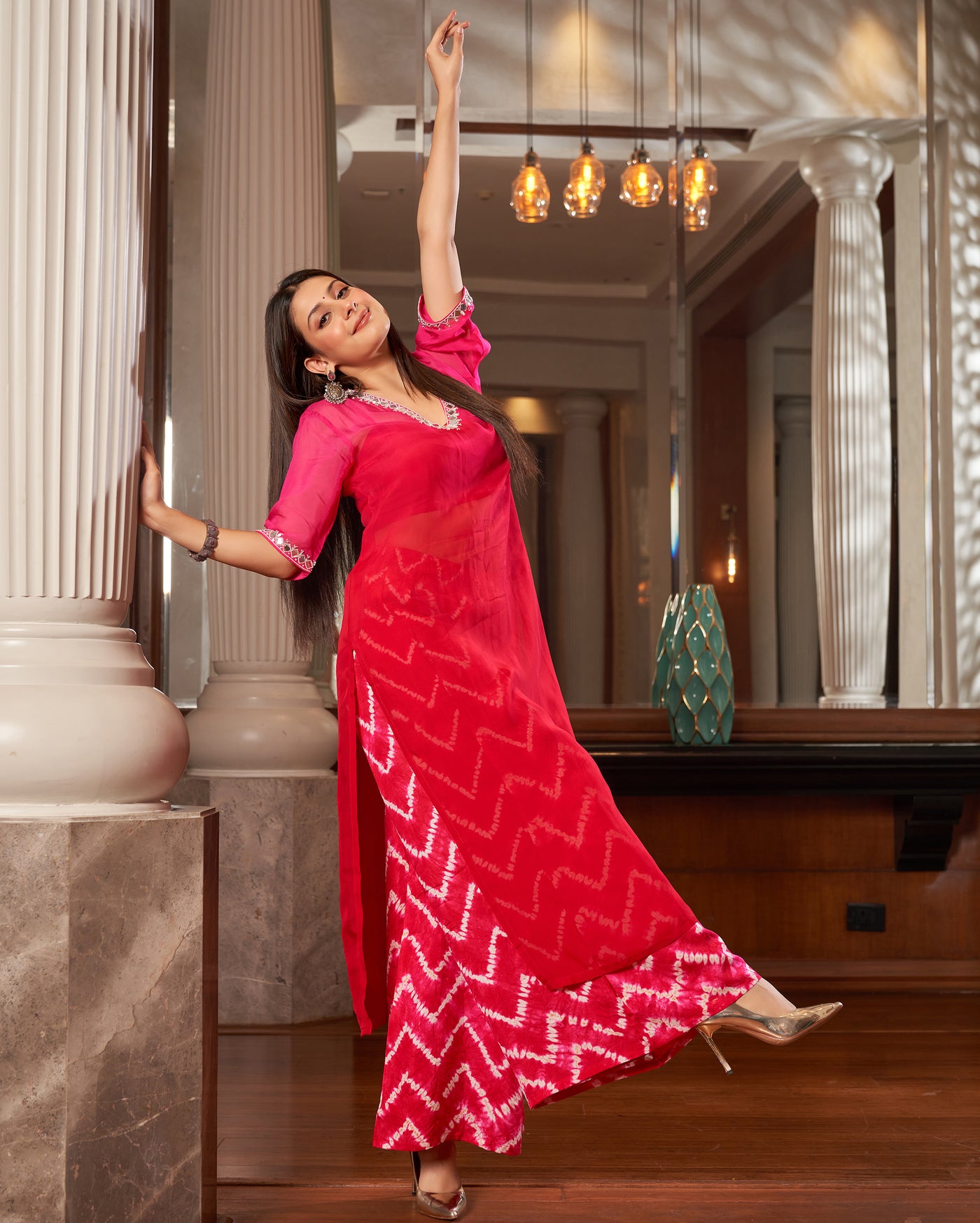 Arya Red Pink Ombre Leheriya Organza Kurta Set