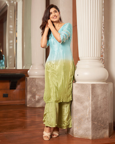 Matsya Blue Green Ombre Silk Kurta Set