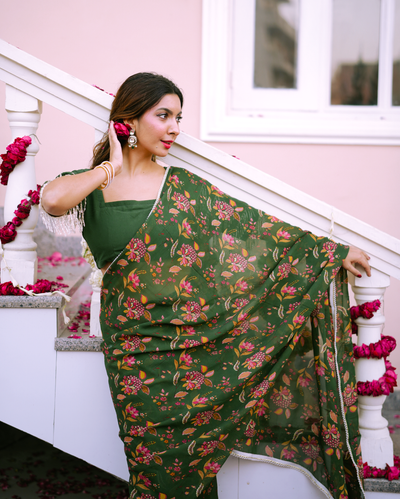 Kusum Green Printed Georgette Pre-draped Saree