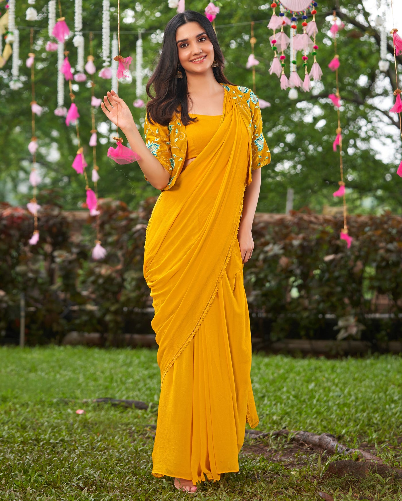 Uday Mustard Yellow Embroidered Chinon Pre Draped Saree