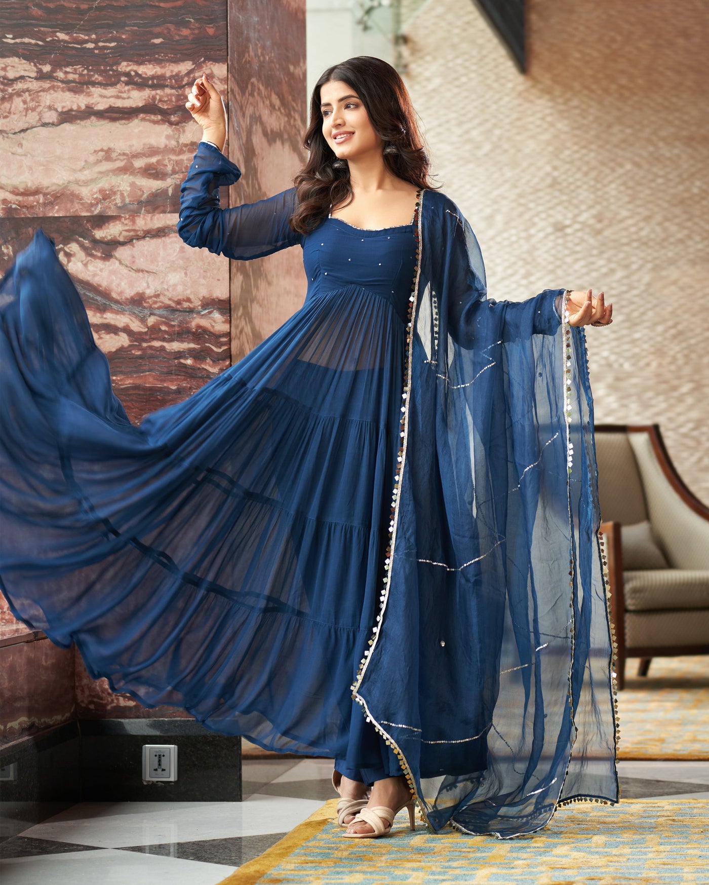 Aradhna Blue Embroidered Georgette Suit Set