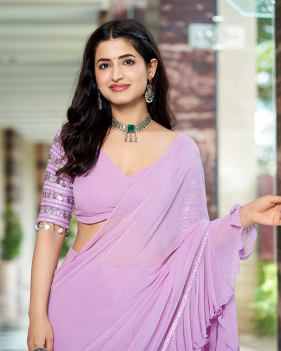 Anvita Lavender Solid Georgette Pre Draped Saree