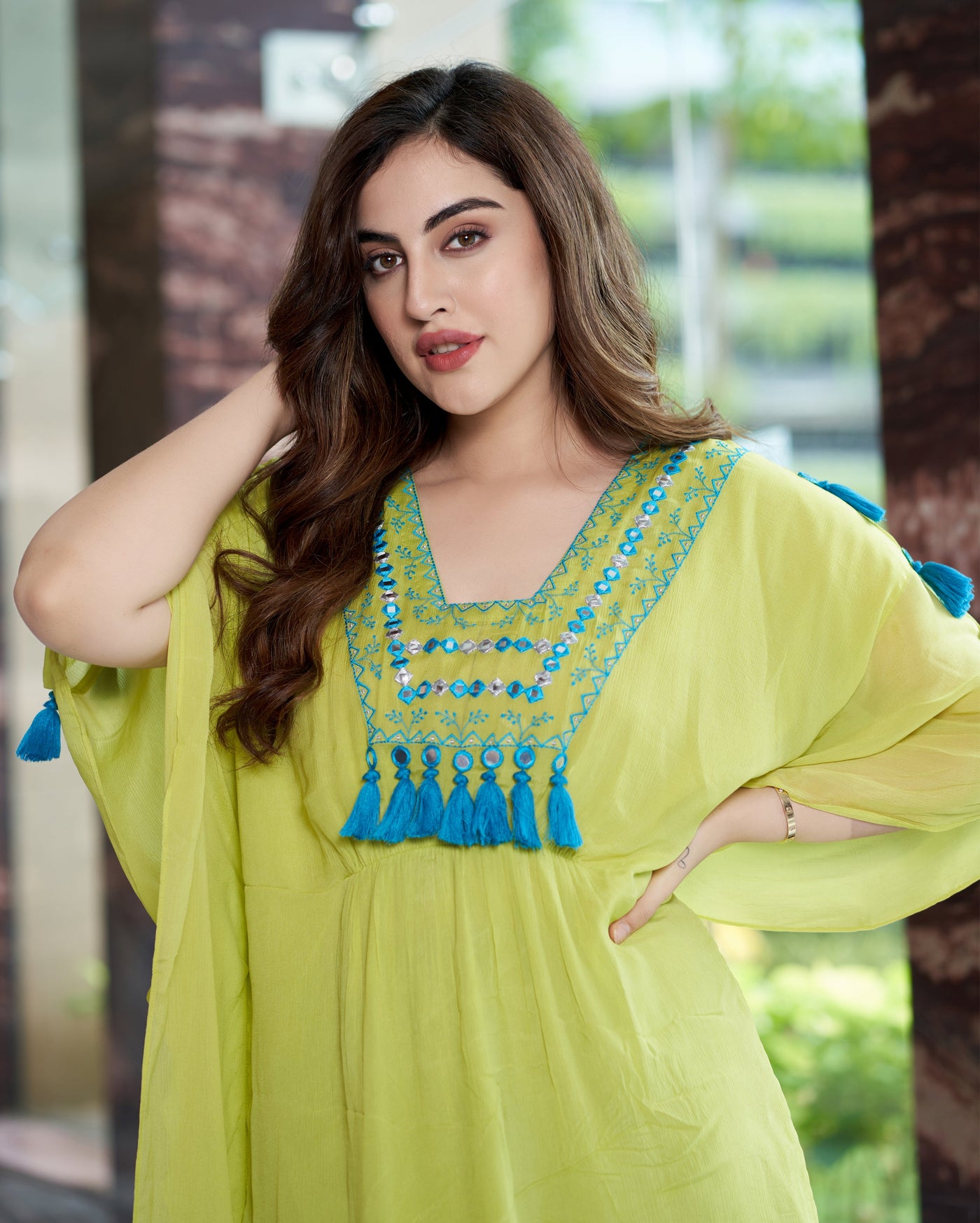 Meera Neon Green Embroidered Chinon Kaftan