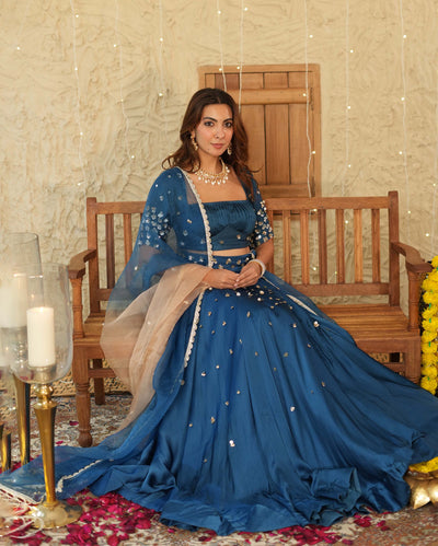 Phuljhadi Blue Handcrafted Satin Lehenga Set