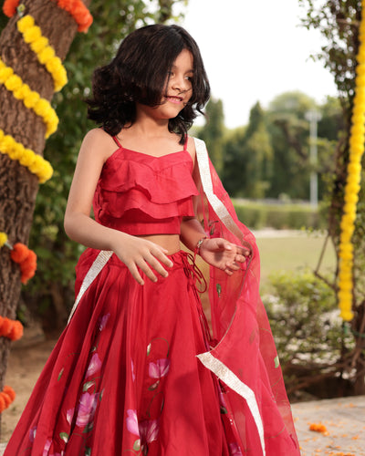 Tinsel Red Handpainted Chanderi Lehenga Set