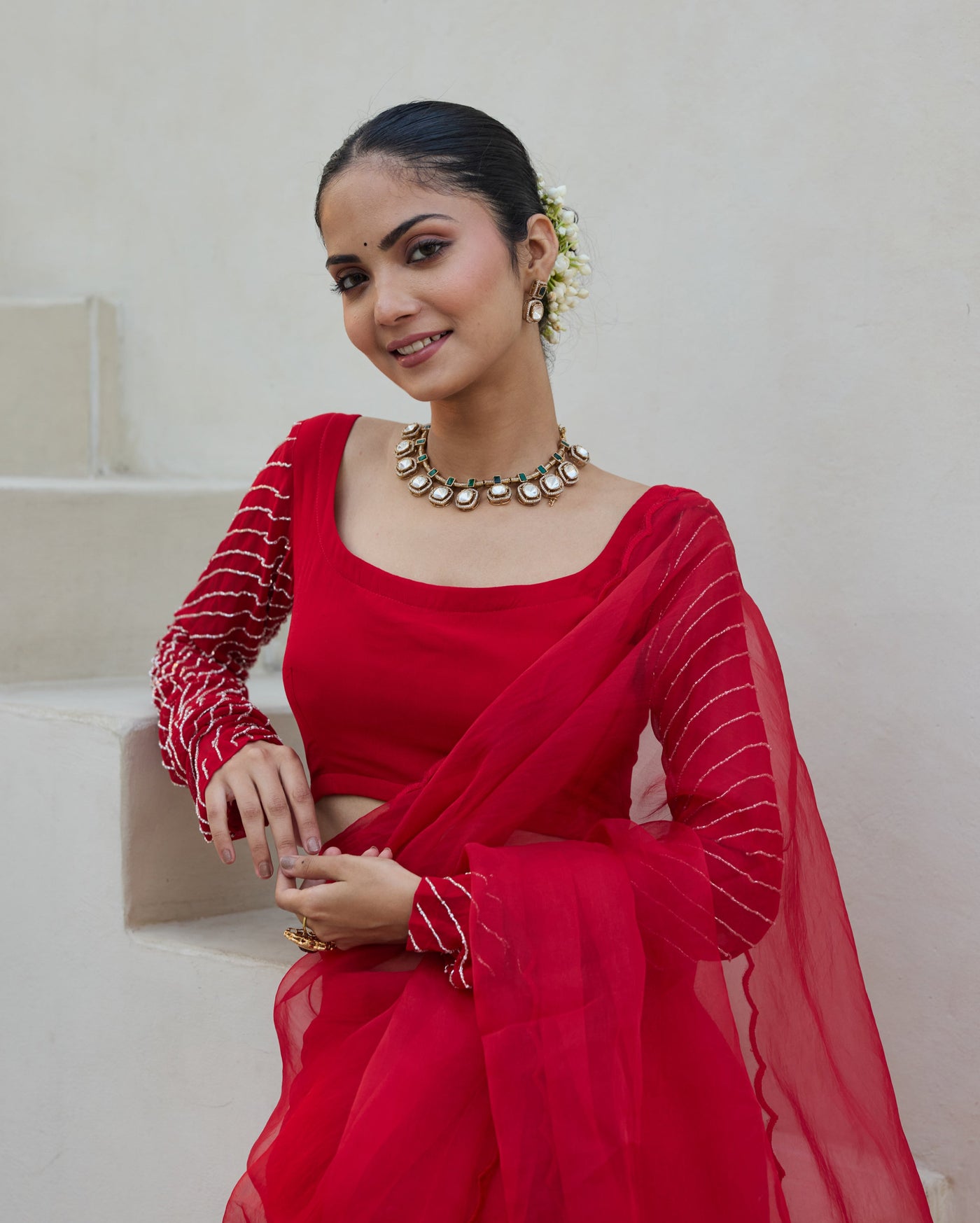 Victoria Charm Red Georgette Embroidered Blouse