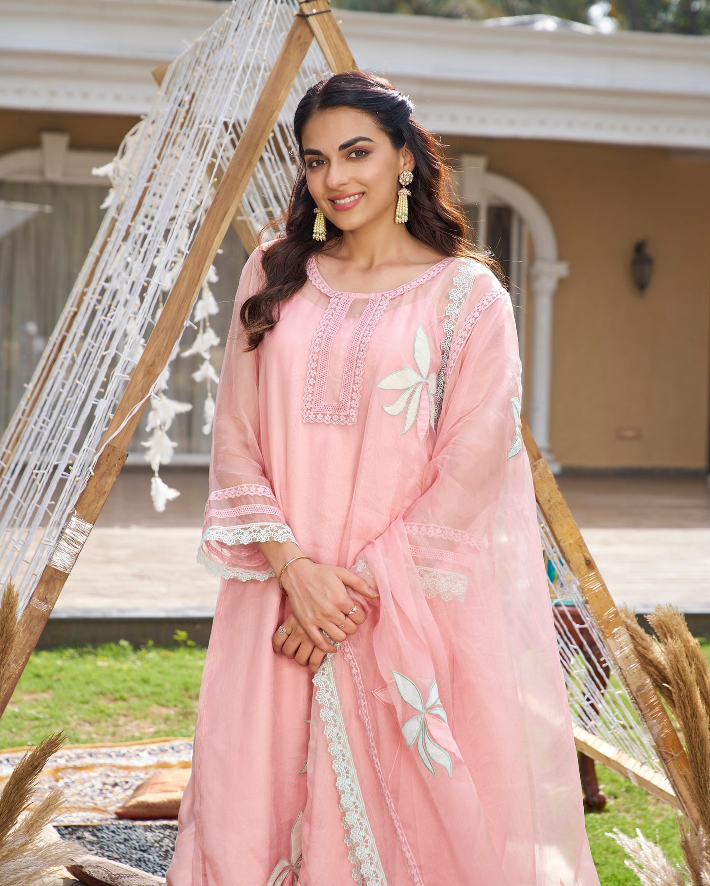 Disha Pink Applique Organza Kurta Set