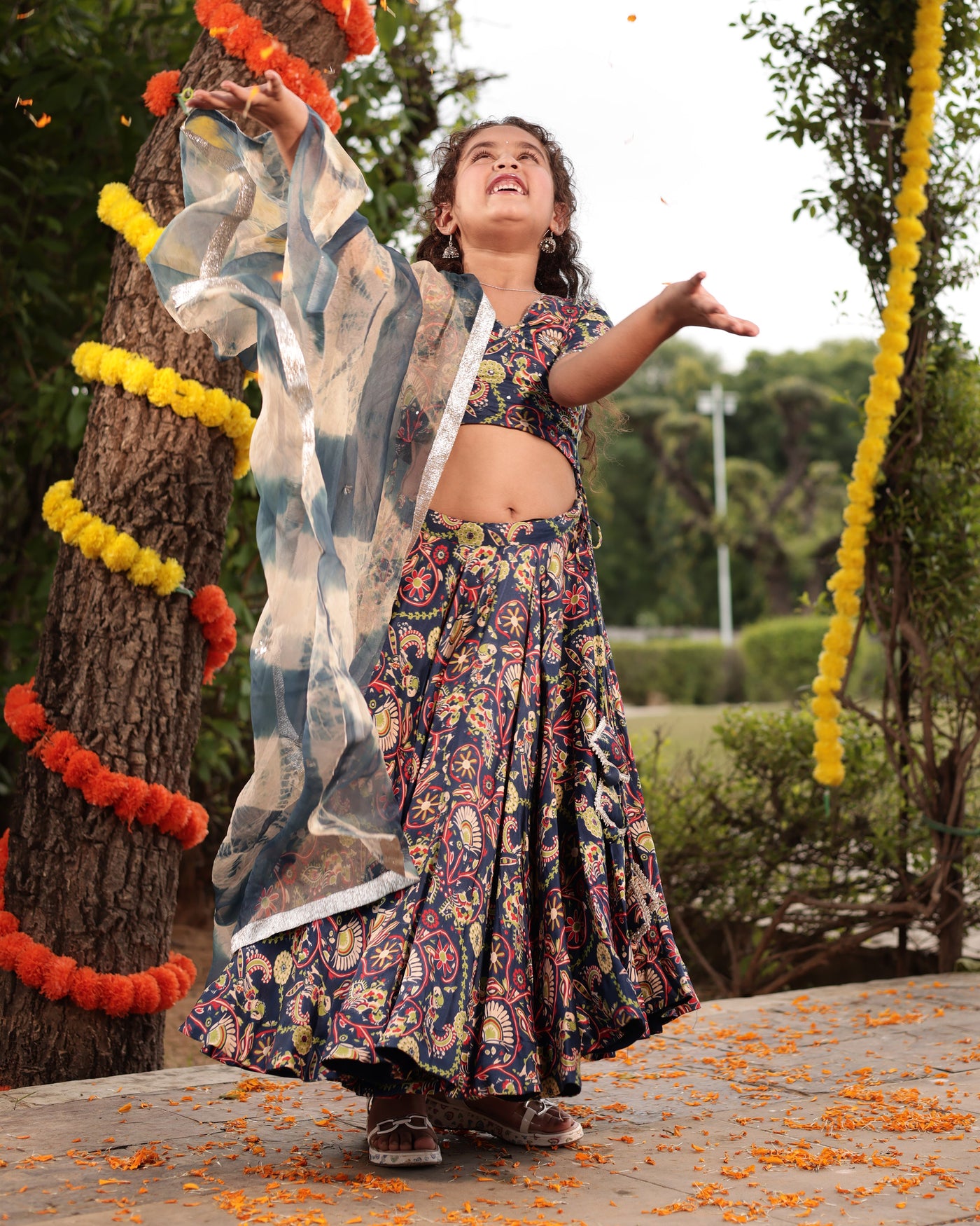 Taffy Blue Printed Embroidered Satin Lehenga Set