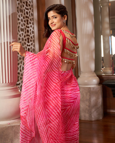 Advait Pink Leheriya Organza Pre Draped Saree