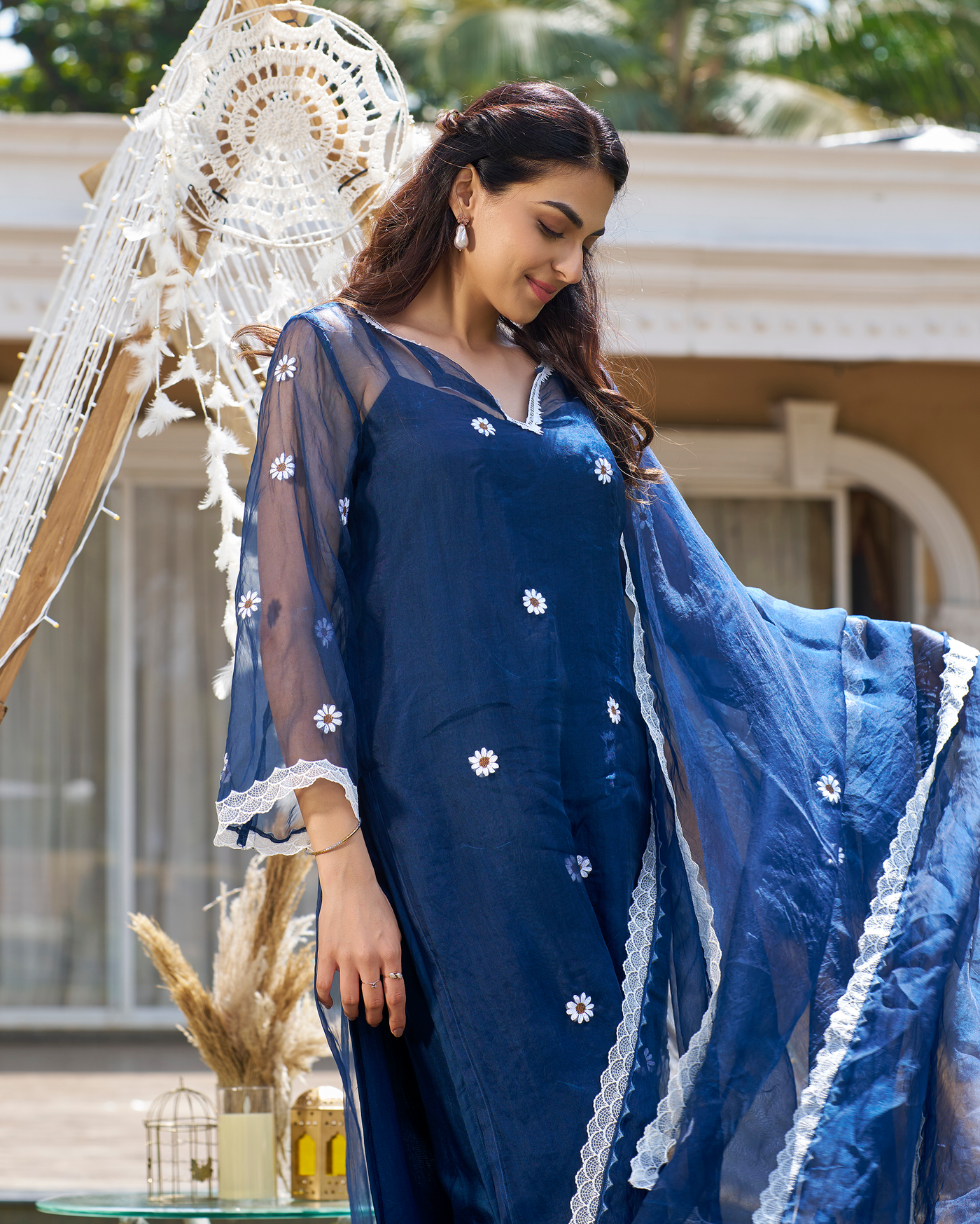 Raffia Blue Embroidered Organza Kurta Set