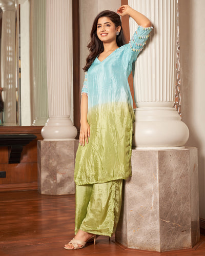 Matsya Blue Green Ombre Silk Kurta Set