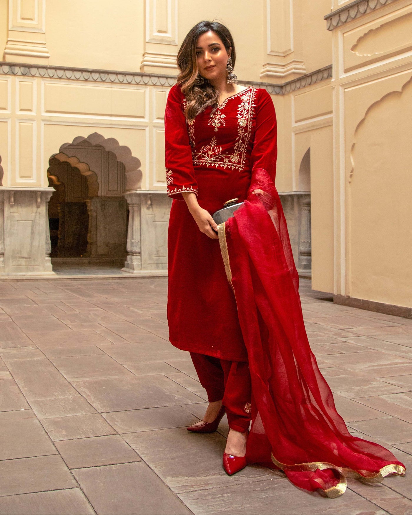 Red Rythm Velvet Handcrafted Suit Set