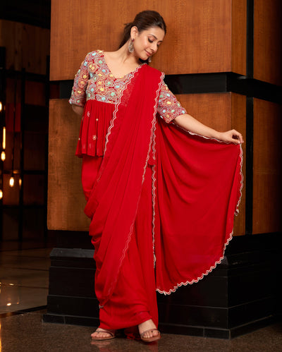 Phool Red Embroidered Georgette Pre Draped Saree