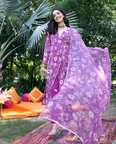 Iris Bloom Purple Printed Georgette Suit Set