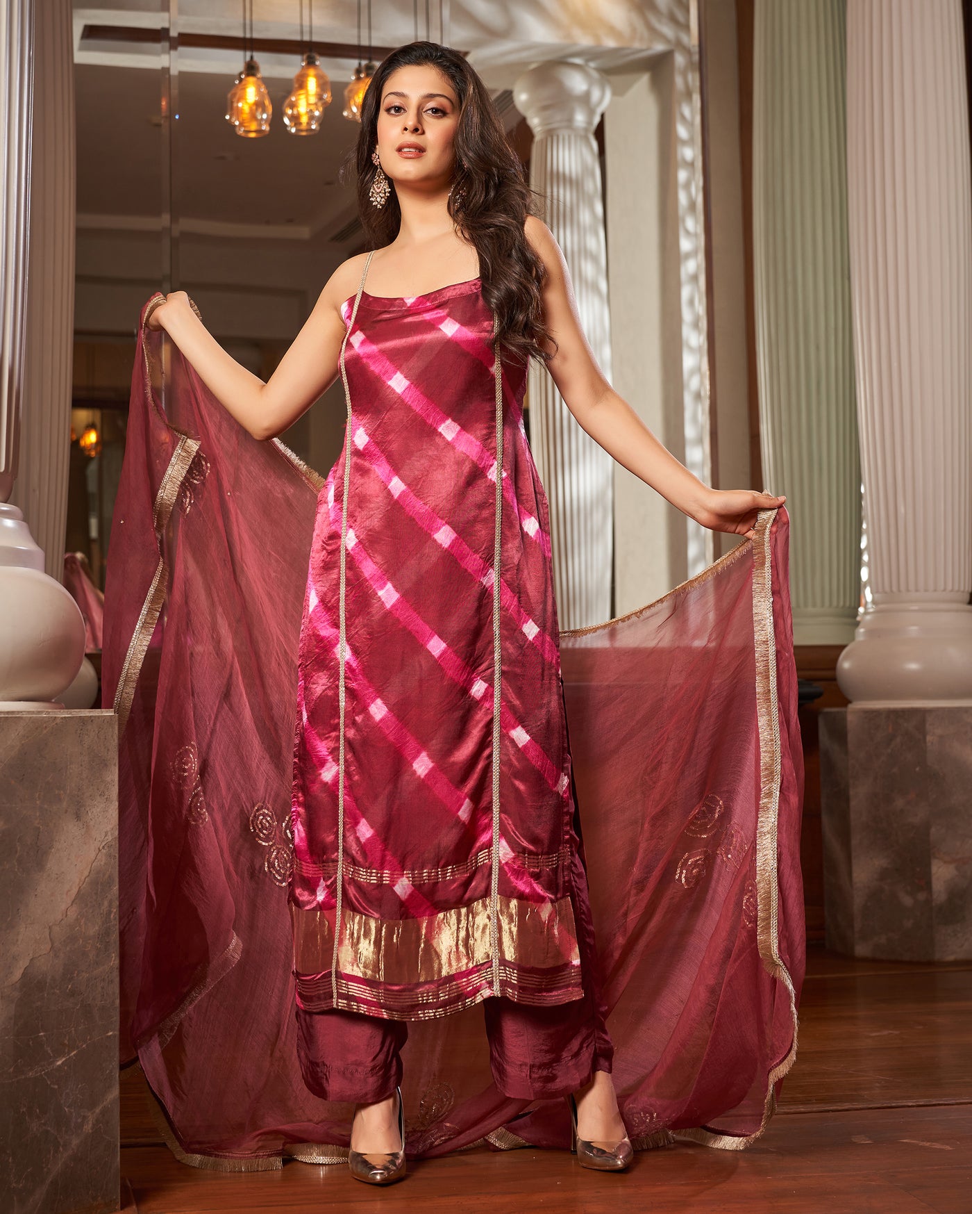 Ojas Maroon Leheriya Silk Suit Set