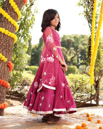 Giggle Magenta Handpainted Chanderi Lehenga Set