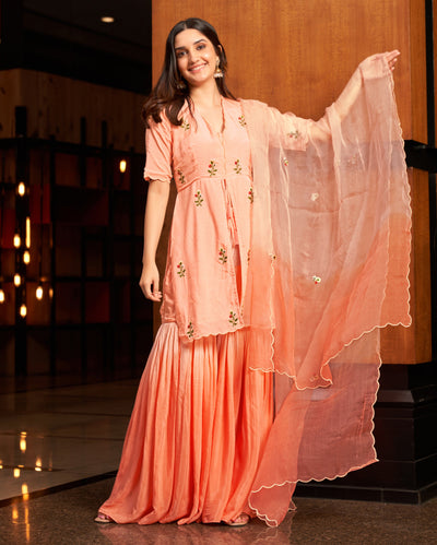 Heather Peach Embroidered Muslin Silk Sharara Set