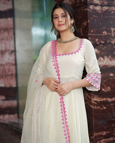 Rajsi Pink Cream Embroidered Muslin Silk Suit Set