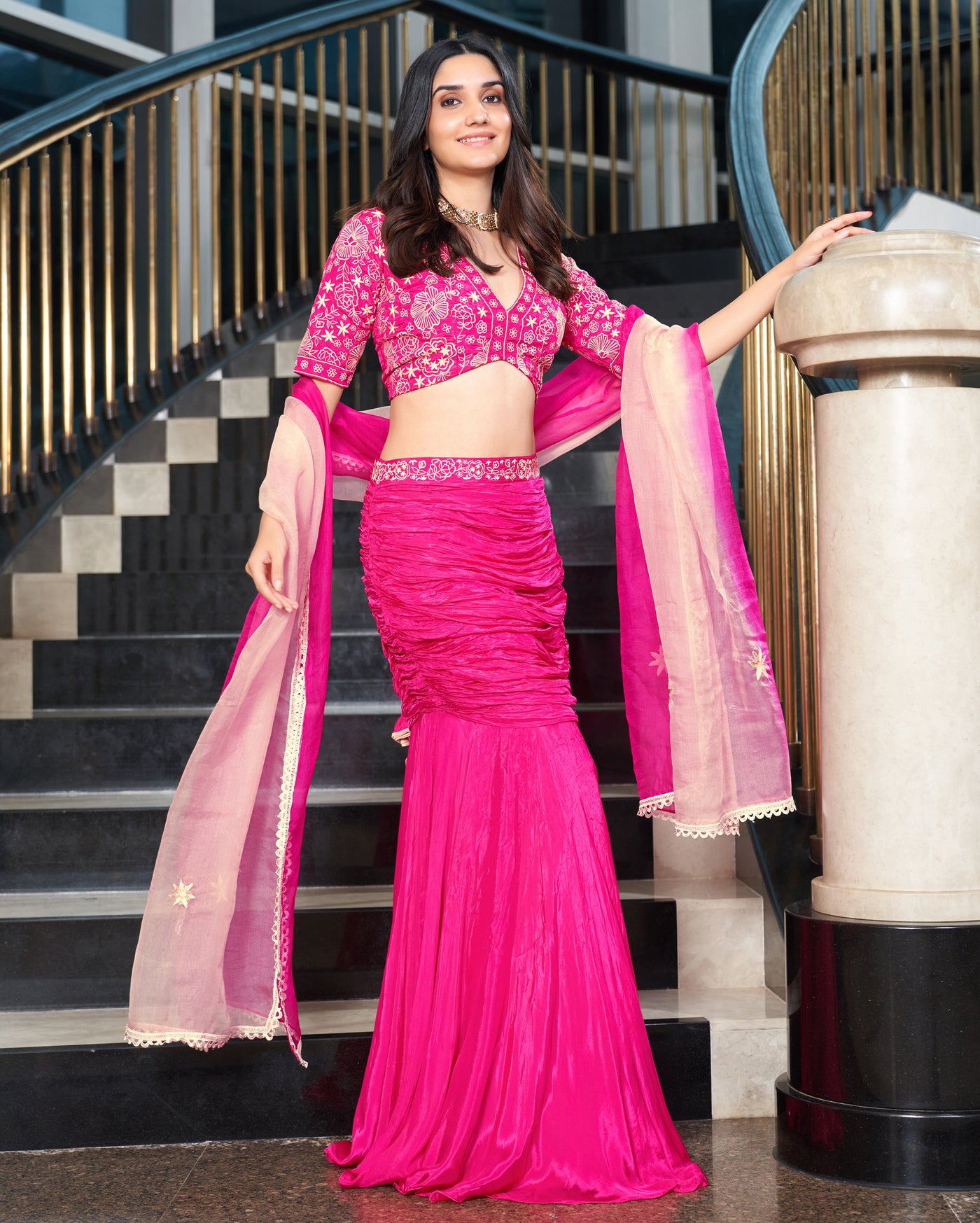 Razzle Pink Embroidered Tabby Silk Lehenga Set