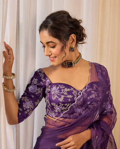 Violet Flutter Satin Embroidered Blouse