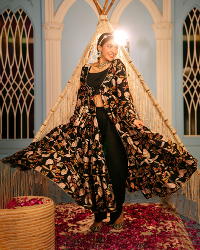 Jama Black Printed Chanderi Coord Set