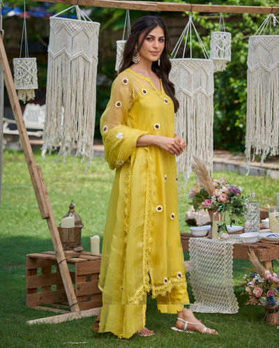 Murat Yellow Embroidered Organza Kurta Set