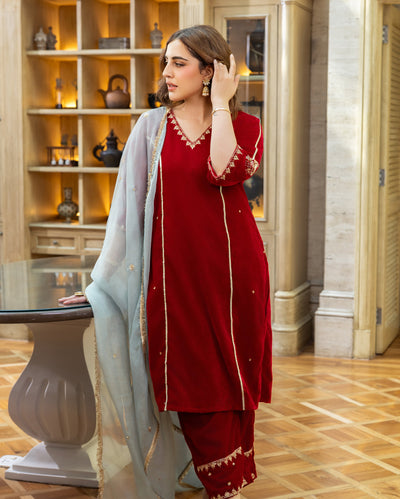 Jasper Red Embroidered Velvet Suit Set