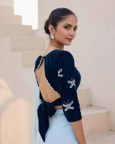 Butterfly Luxe Blue Velvet Embroidered Blouse