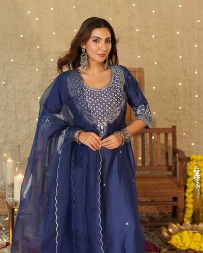 Tejaswi Blue Embroidered Chanderi Suit Set