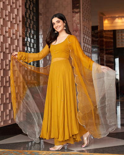 Rangat Mustard Yellow Embroidered Georgette Suit Set