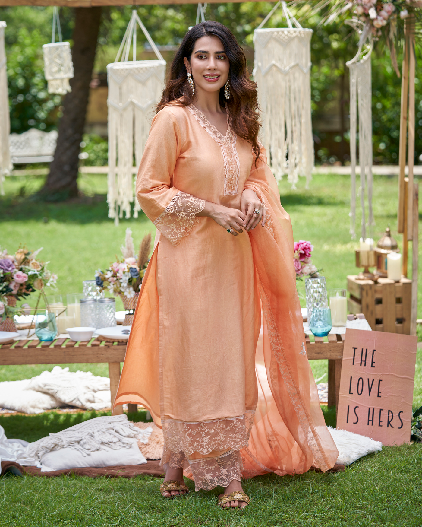 Viyan Pastel Orange Solid Chanderi Kurta Set