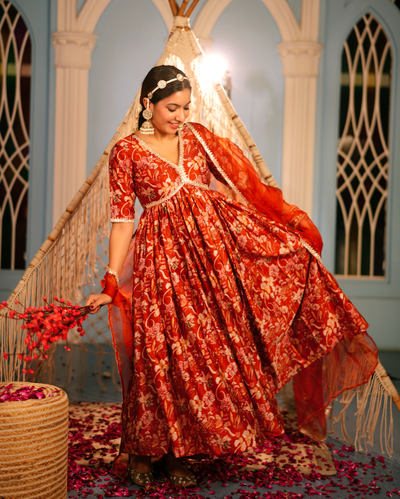 Aanchal Orange Printed Chanderi Suit Set