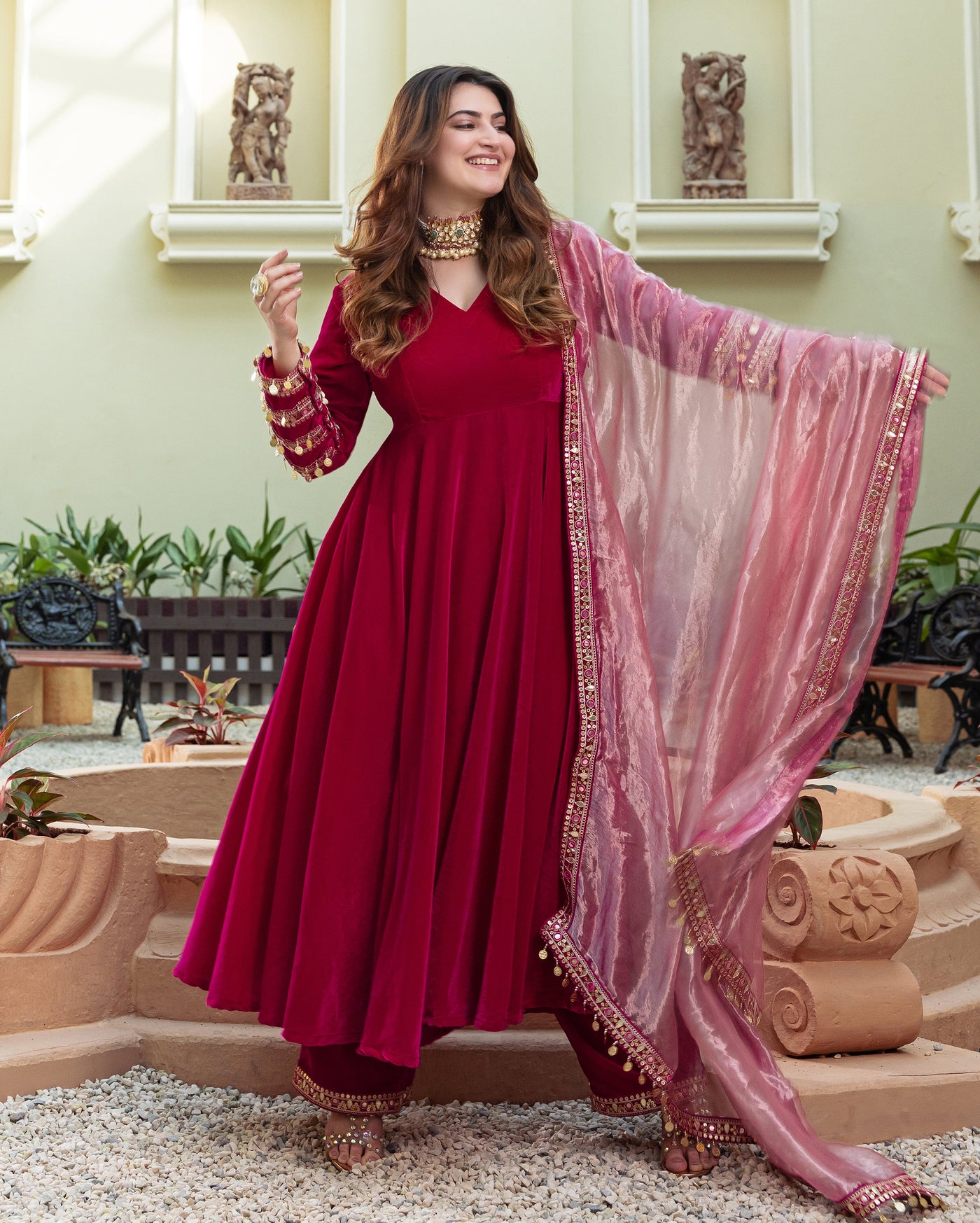 Dilkash Pink Solid Velvet Suit Set