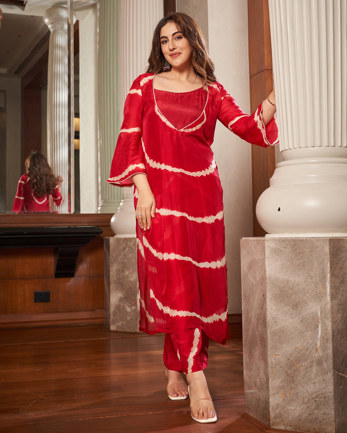 Anavila Red Leheriya Silk Kurta Set