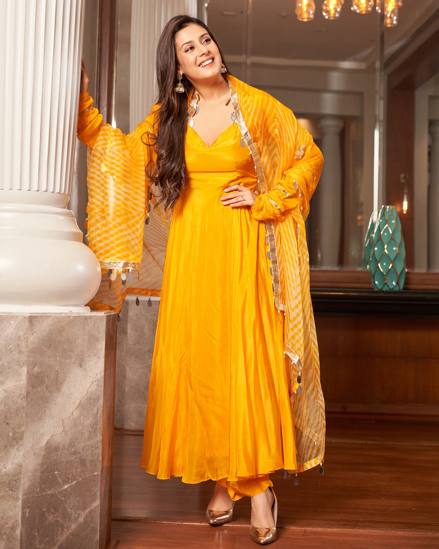 Avittam Mustard Yellow Leheriya Silk Suit Set