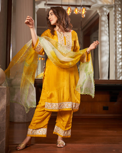 Seedit Yellow Solid Silk Suit Set