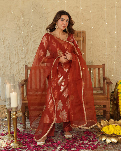 Diya Orange Jacquard Suit Set