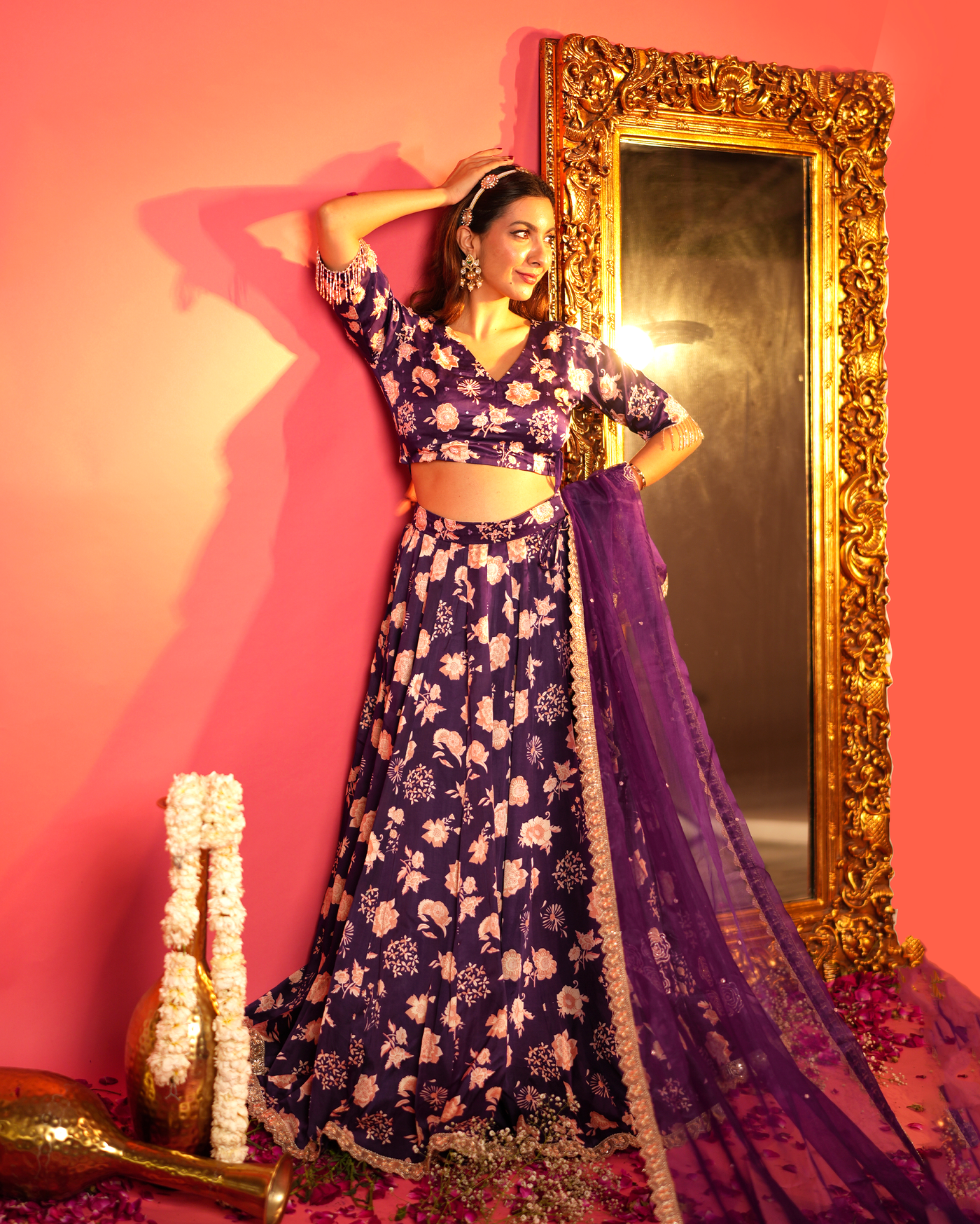 Nandani Purple Printed Satin Lehenga Set