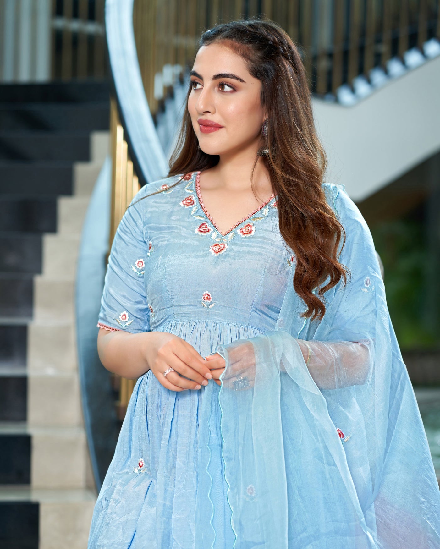 Kaari Pastel Blue Embroidered Muslin Silk Sharara Set