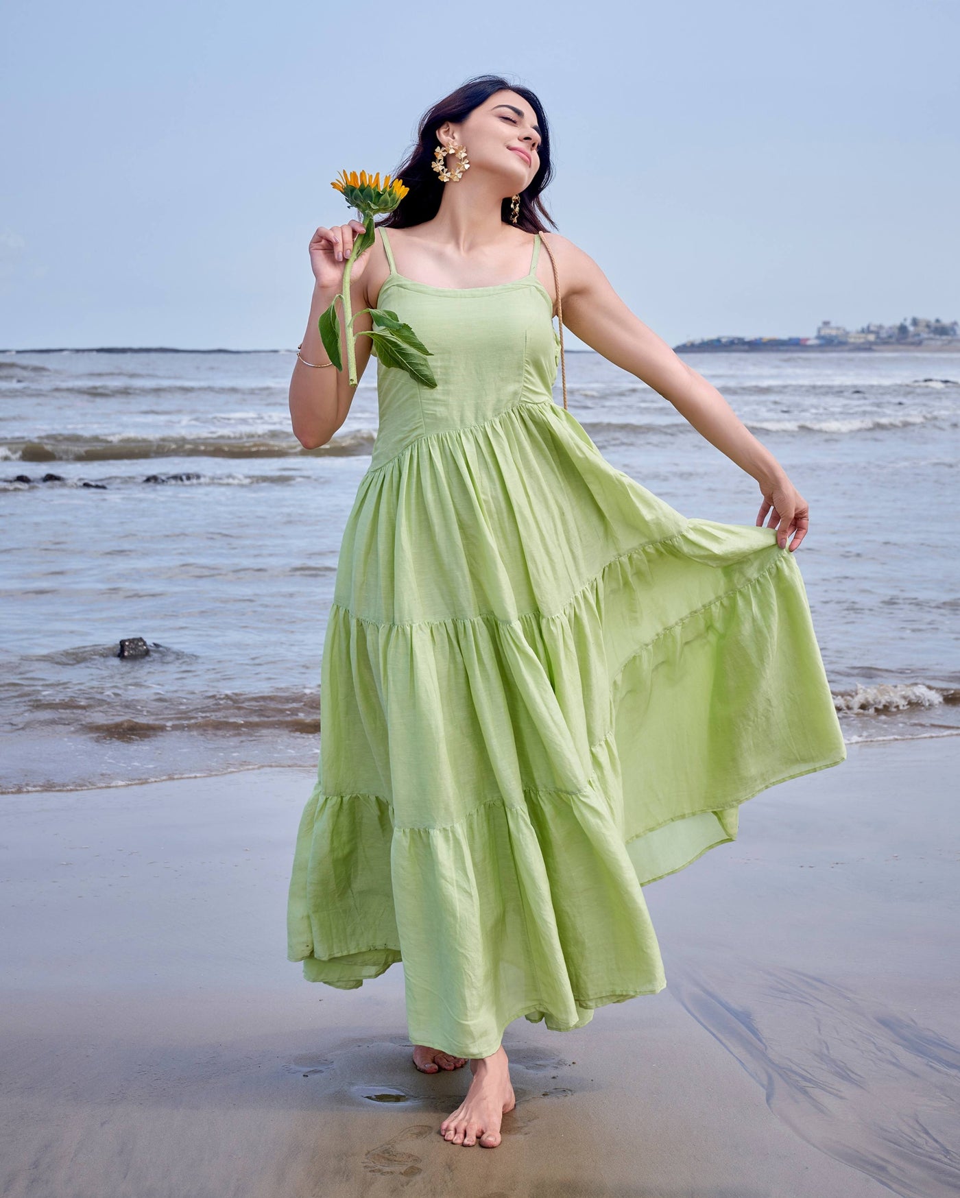 Aviary Green Solid Linen Georgette Dress