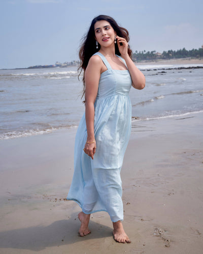 Nimbus Sky Blue Solid Linen Georgette Dress