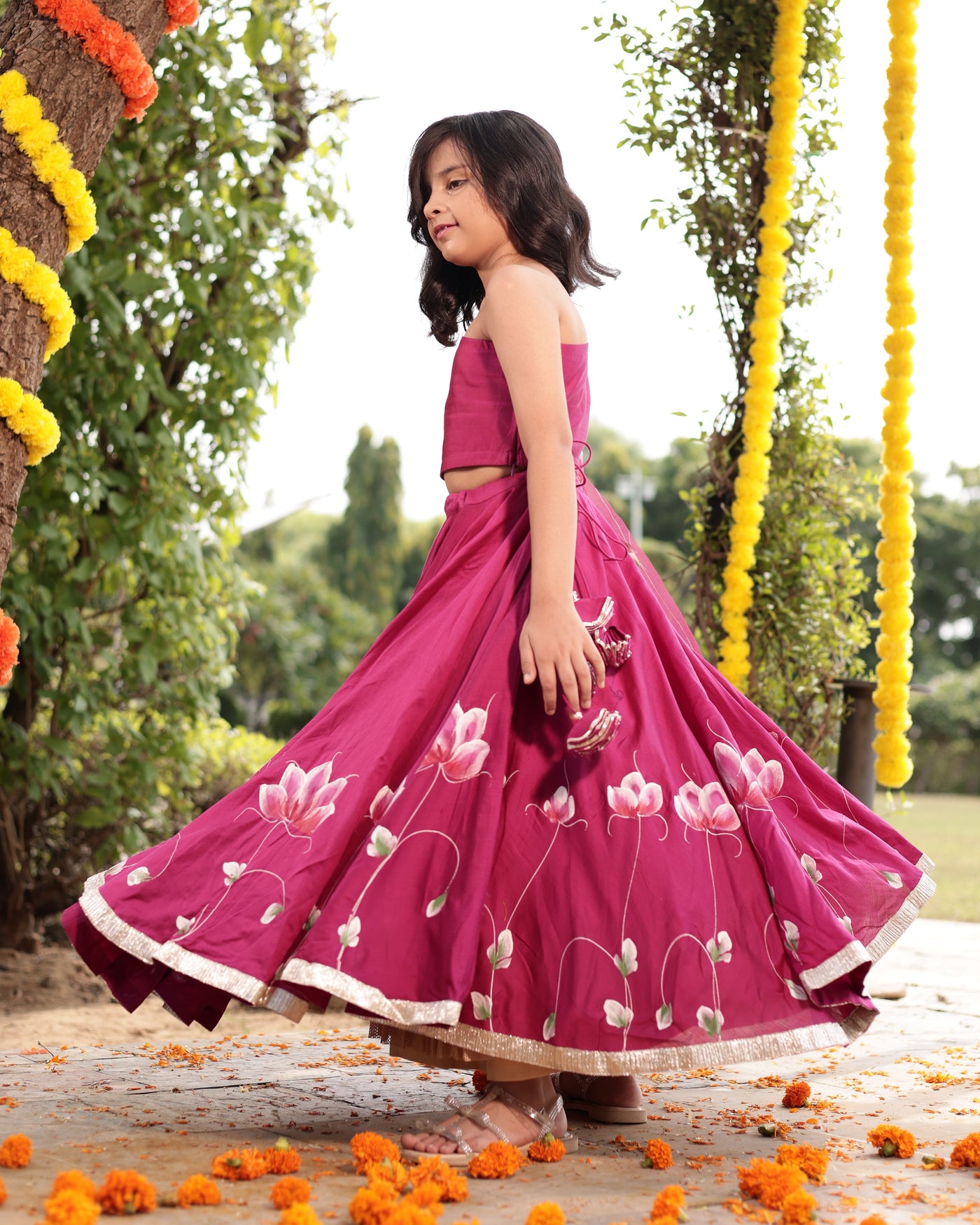 Giggle Magenta Handpainted Chanderi Lehenga Set