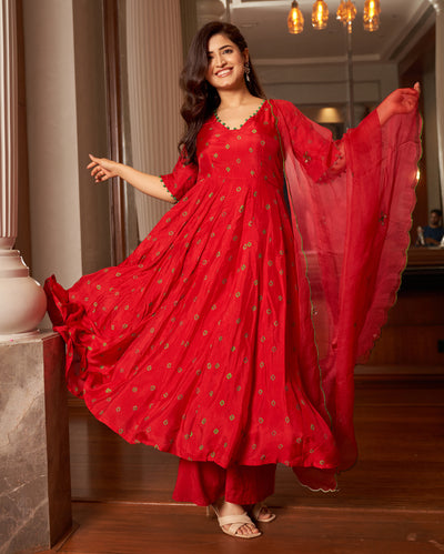 Rasa Red Bandhani Silk Suit Set