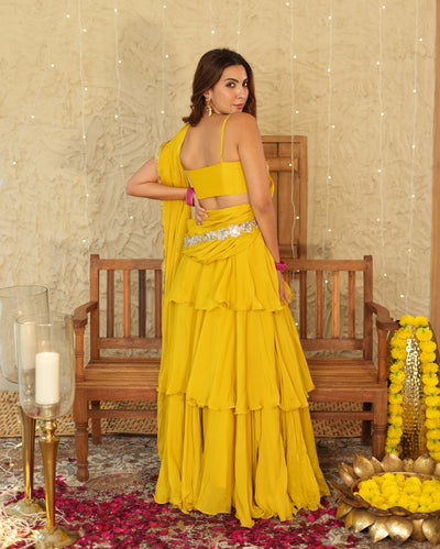 Kesar Mustard Solid Chinon Pre-draped Saree