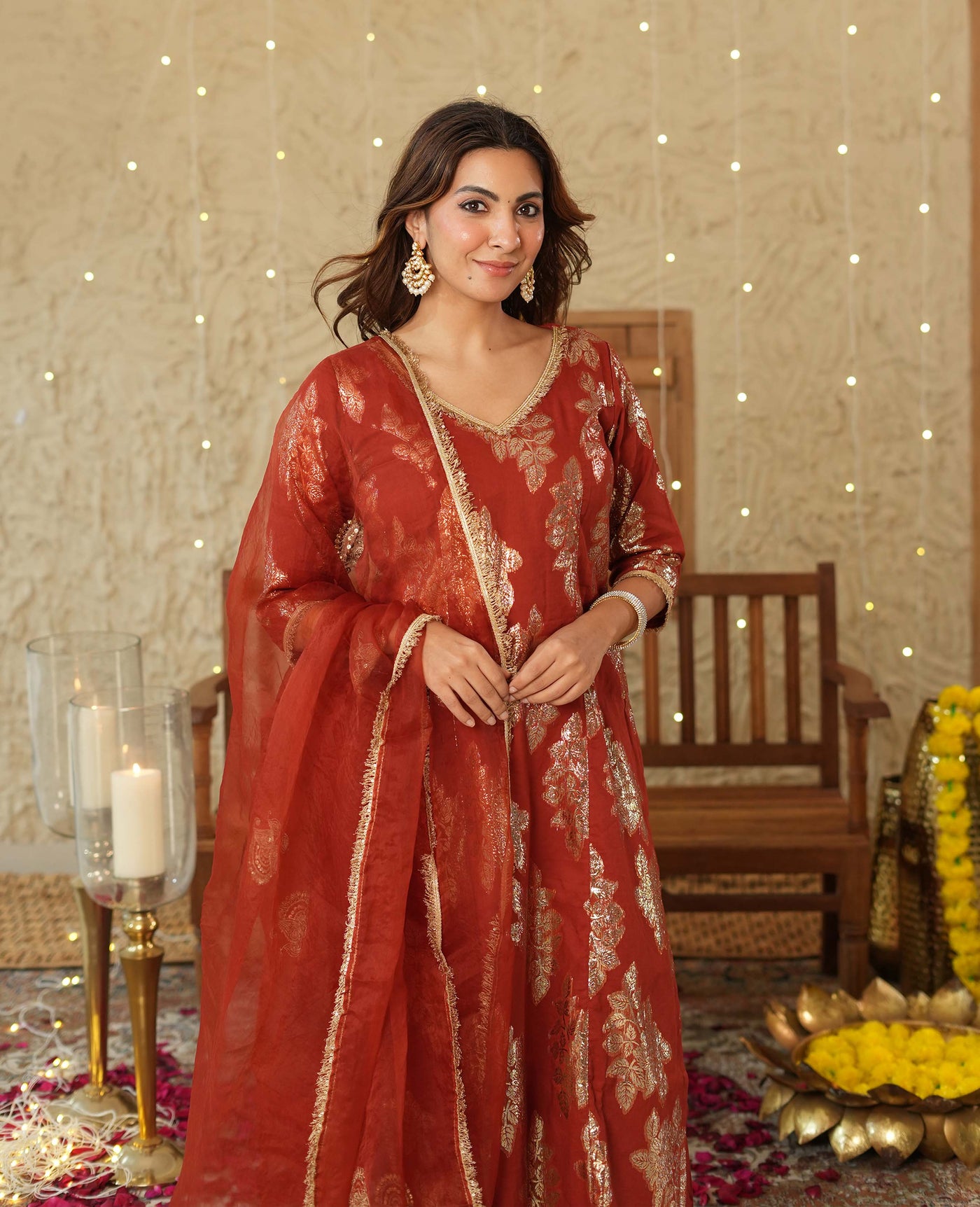 Diya Orange Jacquard Suit Set